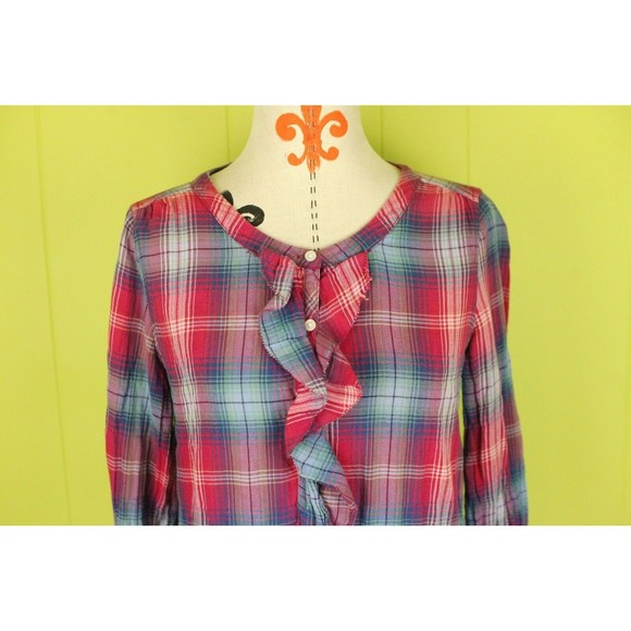 American Eagle AEO Womens Sz 10 Ruched Front Tunic Blouse Long Sleeve Plaid - Picture 2 of 12